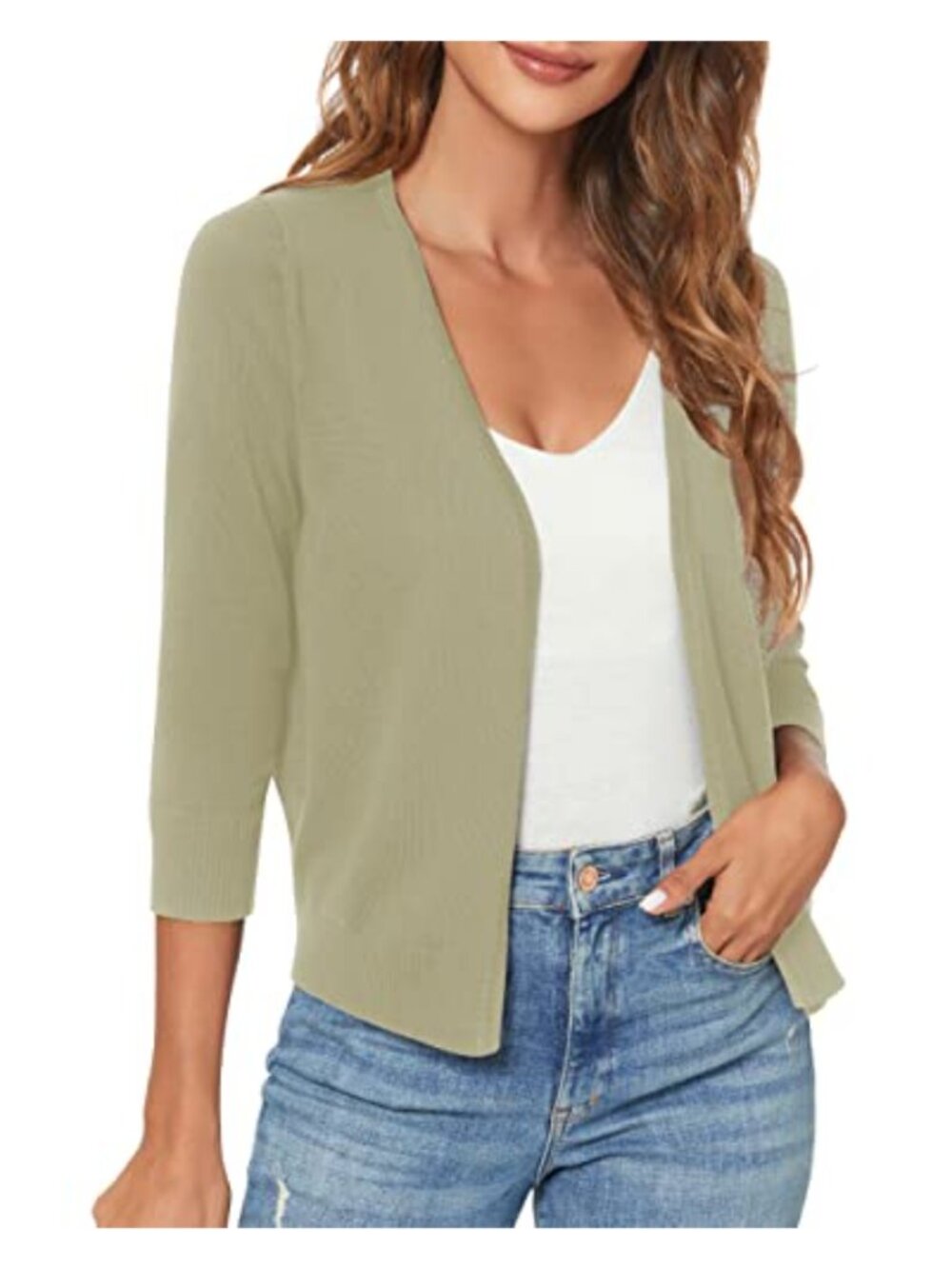 Women's 3/4 Sleeve Open Front Cropped Knit Cardigan Sweater Shrug